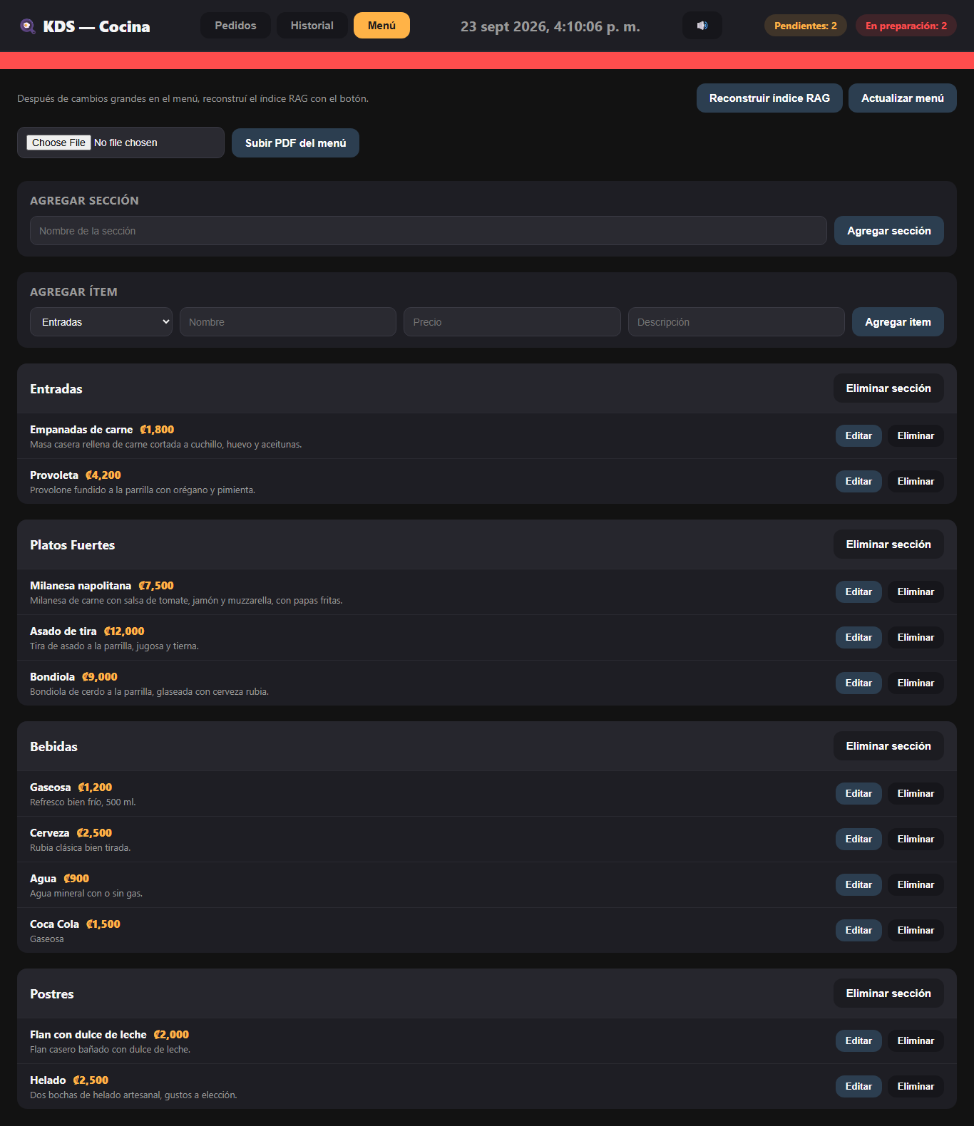Gestión de menú en el dashboard del agente de restaurantes