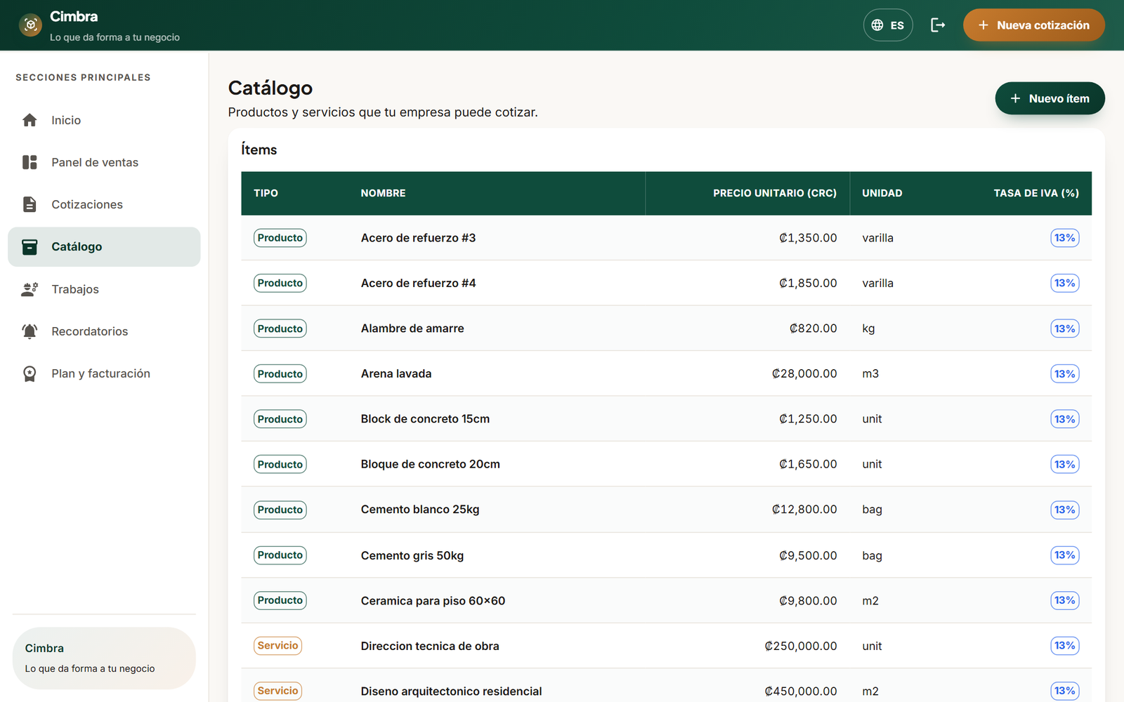 Catalogo de productos y servicios de Cimbra con IVA y unidades
