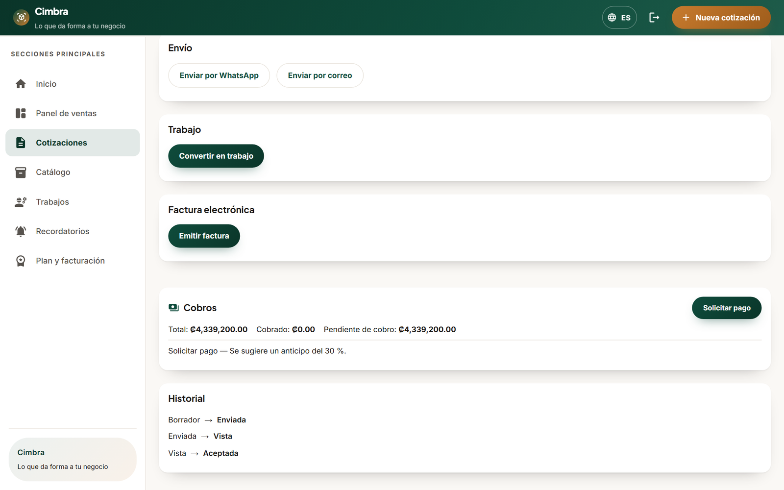 Detalle de cotización aceptada con evidencia de firma digital y seccion de cobros