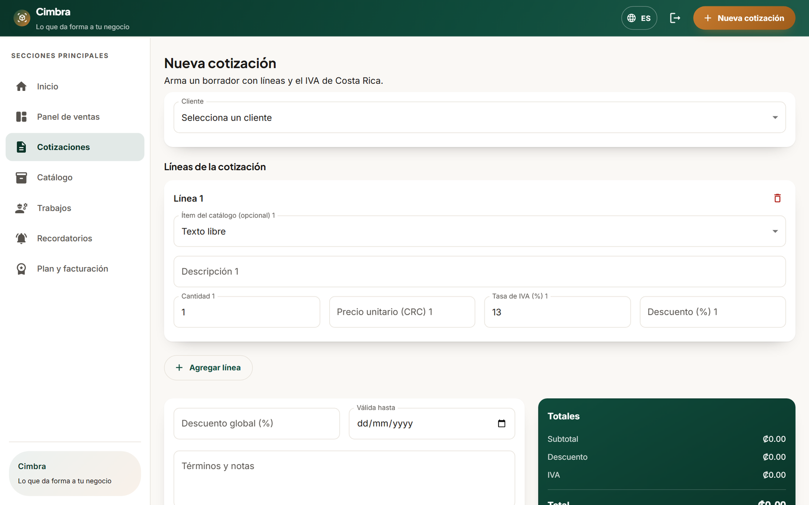 Constructor de cotizaciones de Cimbra con lineas, IVA y totales