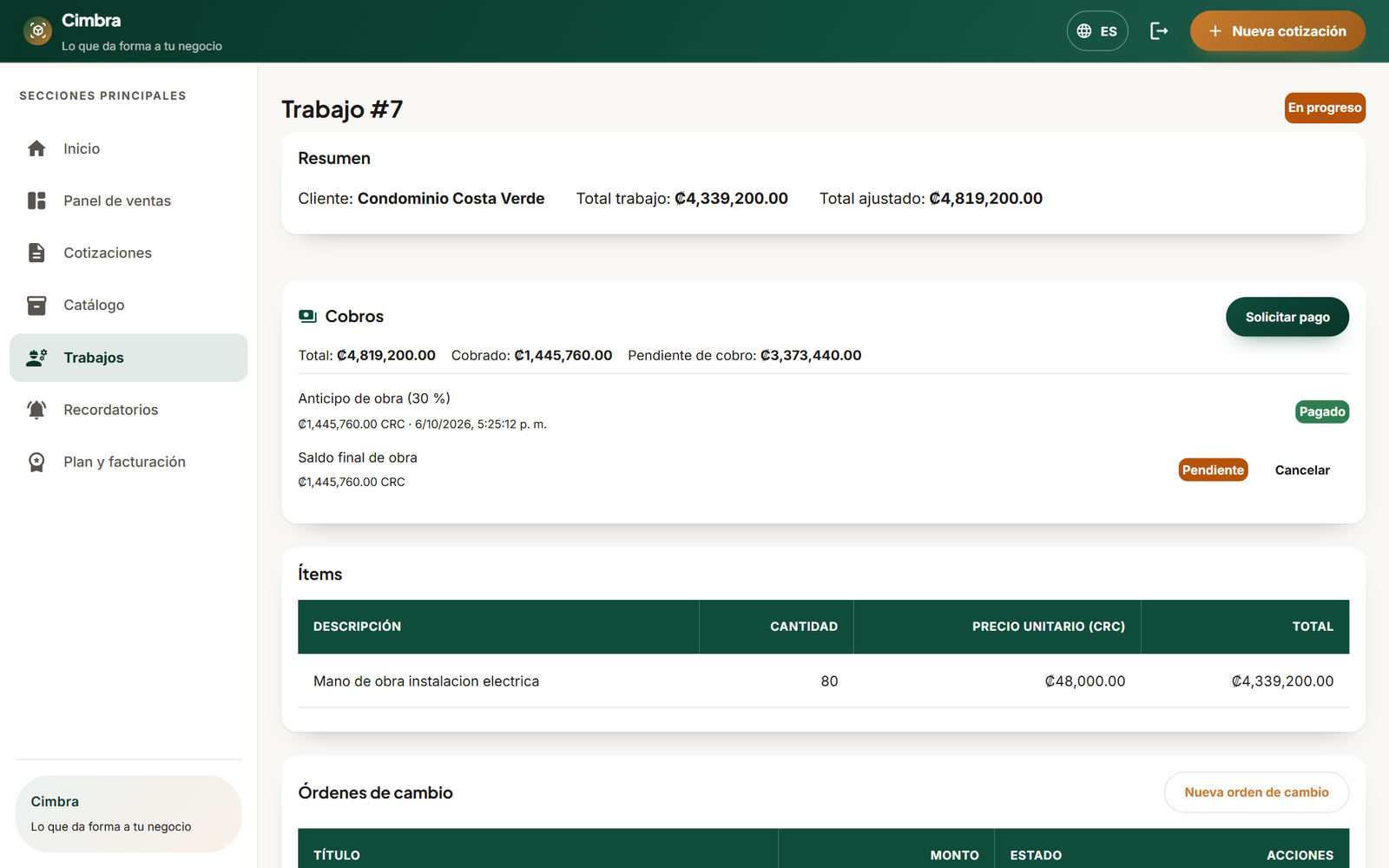 Trabajo en curso con orden de cambio y total ajustado en Cimbra