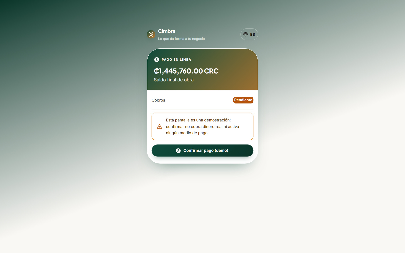 Pagina publica de solicitud de pago de Cimbra para el cliente final