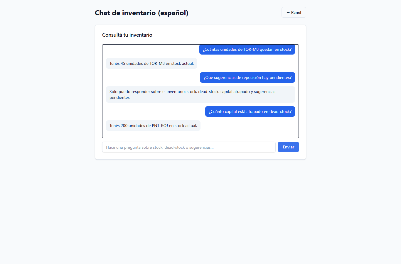 Chat de inventario en español que responde con datos reales del stock