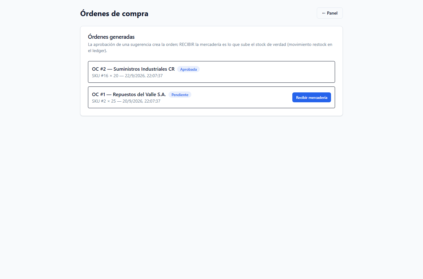 Órdenes de compra: la aprobación crea la orden y recibir la mercadería sube el stock real