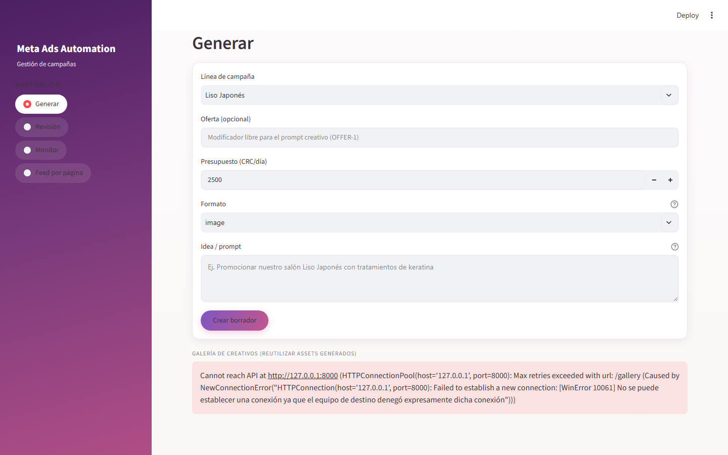 Dashboard de campañas Meta Ads del agente de redes sociales — generación, revisión y monitoreo