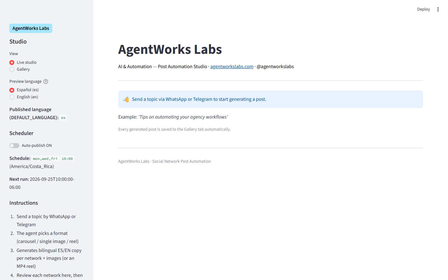 Dashboard de publicación orgánica del agente de redes sociales — Studio, Scheduler y auto-publicación