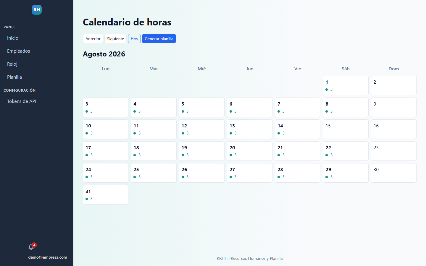 Calendario mensual de horas y editor de marcas del sistema de RRHH