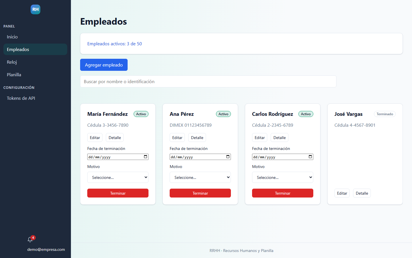 Lista de empleados con cédula en el sistema de RRHH