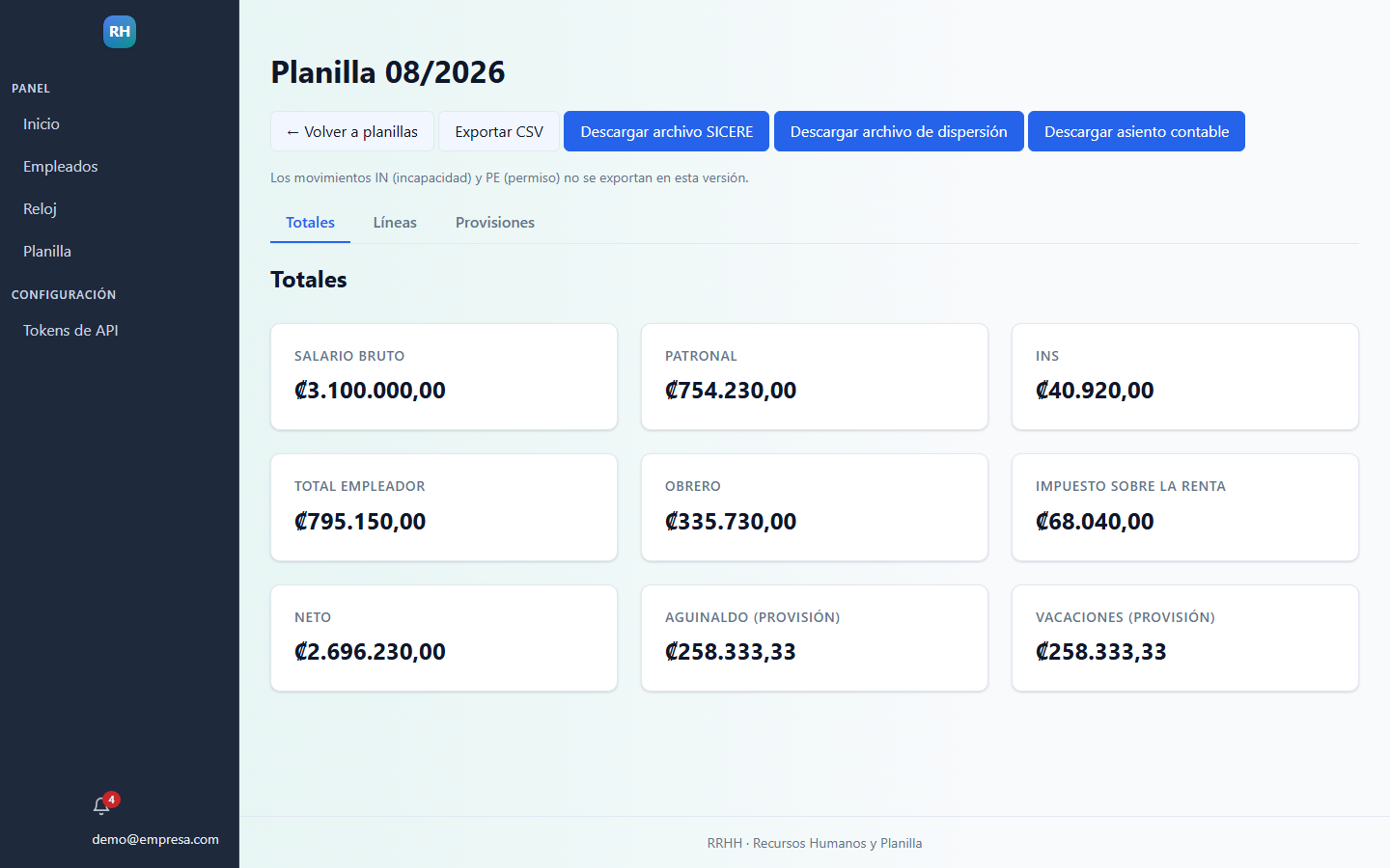 Detalle de planilla con totales, cargas sociales y botones de descarga SICERE y asiento contable