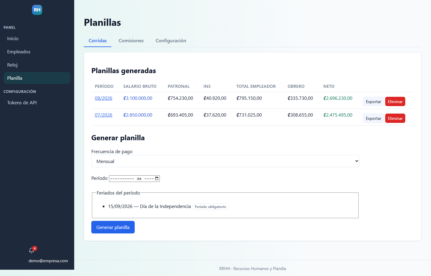 Lista de planillas calculadas en el sistema de RRHH